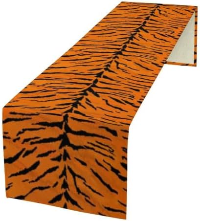 Vintage Tiger Print Table Runner, Rustic Cottage Country Farm Animal Fur Skin Pattern Western Style Black Brown Print Dinner Runner for Home Kitchen Dining Table Decoration 13x90 Inch