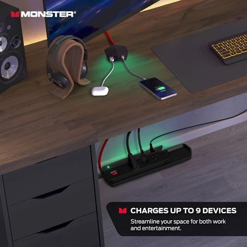 Monster Power Center Vertex Surge Protector with Detachable USB Power Strip, Surge Protector Power Strip - 6 AC Outlets, 2 USB-A Ports &1 USB-C Port