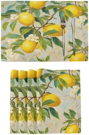 ALAZA Lemon Print Flower Set of 4 Placemats Rectangle Table Mat for Dining Table Restaurant Kitchen Home Decor, 12" x 18"