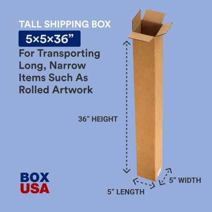 BOX USA 5x5x36 Tall Corrugated Boxes, Tall, 5L x 5W x 36H, Pack of 25 | Shipping, Packaging, Moving, Storage Box for Home or Business, Strong Wholesale Bulk Boxes