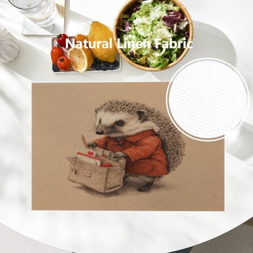 Batmerry Hedgehog Delivery Mail Placemats, Cute with Bag Washable Linen Table Mats for Kitchen Table Double Insulation Decor Dining Set Indoor Outdoor 12X18 in Set of 6