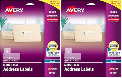 Avery Printable Address Labels with Sure Feed, 1" x 2-5/8", Matte Clear, 300 Blank Mailing Labels (18660) (Pack of 2)