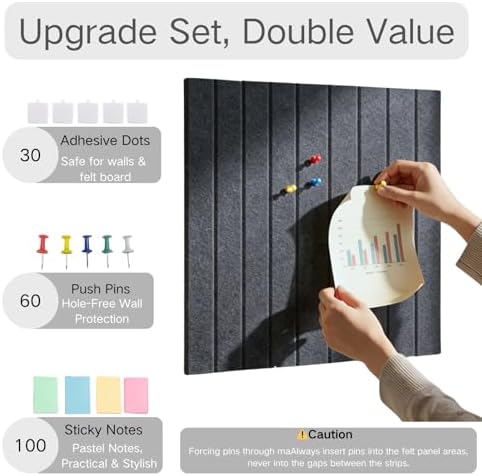Felt Bulletin Board Tiles, 6 Pack Combination 60×90cm Felt Pin Board with 30 Colored Pushpins & 40 Traceless Adhesive Tabs for Home Office Classroom, Charcoal Gray