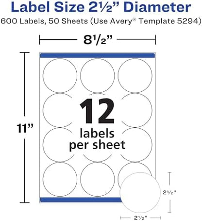 Avery® High Visibility Printable Round Labels, Sure Feed® Technology, 2.5" Diameter, White, Laser Printer, 300 per Pack, 2 Packs, 600 Customizable Blank Labels Total (45294)