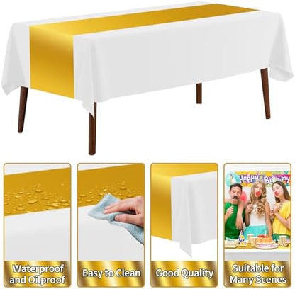 CXPSINC 54 Inch X 100 Feet Plastic Table Cover Roll Disposable Tablecloth with Slide Cutter for All Type/Shape Tables | Party, Banquet, Birthdays, Weddings(White & Glod, 100 Feet)