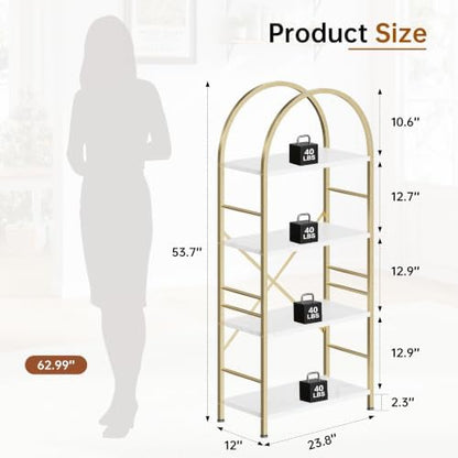 Shintenchi Arched Bookshelf, 4 Tier Bookcase, Tall Storage Shelf, Golden
