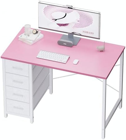 Pamray 32 Inch Computer Desk with 4 Drawers Small Office Desk for Home Bedroom Study Writing Simple Modern Computer Table Pink