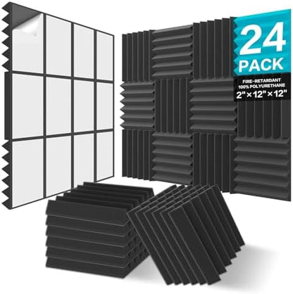 JBER 24 Pack Sound Proof Acoustic Foam Panels, Thicken, 5 X 30 X 30 cm Self-Adhesive Acoustic Wall Paddings for Home Office Studios (Black)