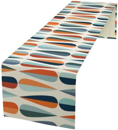 Mid Century Modern Table Runner Retro Blue Orange Grey Water Droplets Geometric Table Runner for Kitchen Dining Room Dining Table Decoration 13x120in