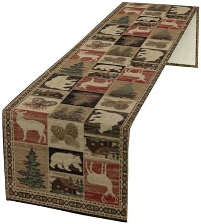 Rustic Bear Table Runner, Vintage Cottage Country Style Pine Tree Elk Wildlife Dinner Runner for Home Kitchen Dining Table Decoration 13"x108"