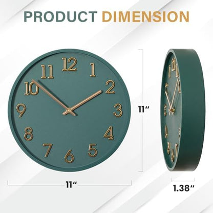 Clockswise 11" Modern Minimalist Round Wall Clock Gold Arabic Numerals Blue Dial Analog Display Step Movement Mechanism Easy-to-Read Timepiece for Living Room Kitchen Office or Bedroom Wall Decor