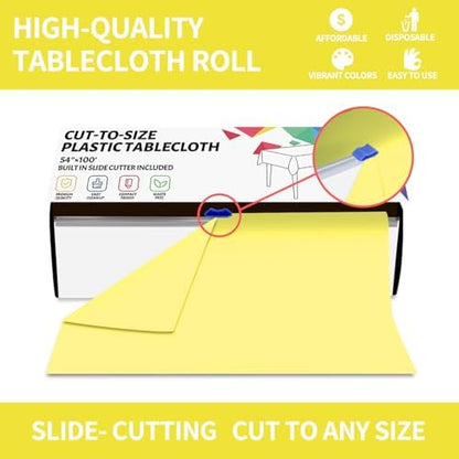 CXPSINC 54 Inch X 100 Feet Plastic Table Cover Roll Disposable Tablecloth with Slide Cutter for All Type/Shape Tables | Party, Banquet, Birthdays, Weddings(Light Yellow, 100 Feet)