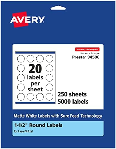 Avery® Matte White Round Labels, Sure Feed® Technology, 1.5" Diameter, 5,000 Matte White Printable Labels