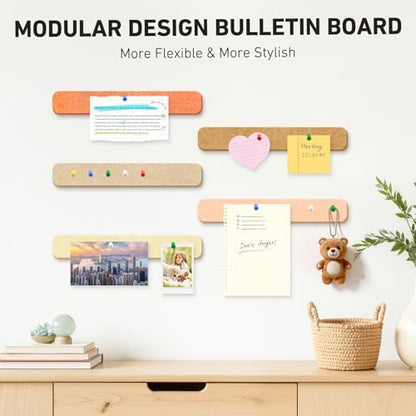 HAUTOCO Felt Bulletin Strips 5 Pack, 13" x 2" Self Adhesive Pin Board with 20 Push Pins, Peel and Stick Memo Board for Photos, Notes & Wall Decor, Dorm Room, Bedroom, Office, Linen Mix