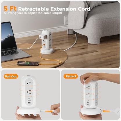 TESSAN Tower Power Strip Flat Plug with 1050J Surge Protection, 5 Ft, Grey