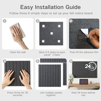 Felt Bulletin Board Tiles, 6 Pack Combination 60×90cm Felt Pin Board with 30 Colored Pushpins & 40 Traceless Adhesive Tabs for Home Office Classroom, Charcoal Gray