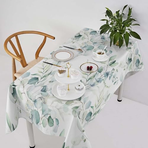 Green Eucalyptus Tablecloth, Watercolor Floral Spring Botanical Plants Herb Sage Print Table Cover for Home Kitchen Dining Table Party Camping Decor 60x120in