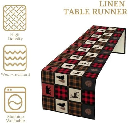 Rustic Bear Table Runner, Vintage Cottage Country Style Pine Tree Elk Wildlife Dinner Runner for Home Kitchen Dining Table Decoration 13"x108"
