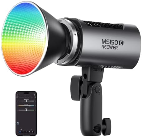 NEEWER MS150C RGBWW LED Video Light with 2.4G/APP Control, 150W Metal Mini RGB COB Continuous Output Lighting Bowens Mount Handheld Spotlight 2700K-6500K, 18000lux/1m, CRI97+/TLCI98+,17 Effects, RGBCW