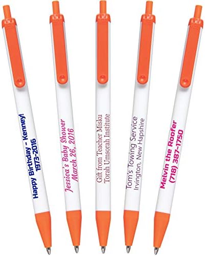 USA Made, Personalized Writing Ink Ballpoint Novelty Pens, Custom Printed with Your Logo & Text (Pack of 50 White Pens with Orange Trim)