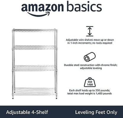 Amazon Basics 4-Shelf Adjustable Heavy Duty Steel Wire Rack Storage Shelving Unit for Kitchen, Garage, Easy Assembly, 350 lbs Per Shelf, 36" x 14" x 54", Chrome Silver