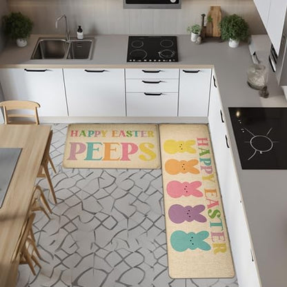 Happy Easter Kitchen Floor Mat Set of 2, Non-Slip Absorbent Rugs and Door Mats, Spring Seasonal Bunny Decorative Home Kitchen Doormat 17x29 and 17x47 Inch DM138
