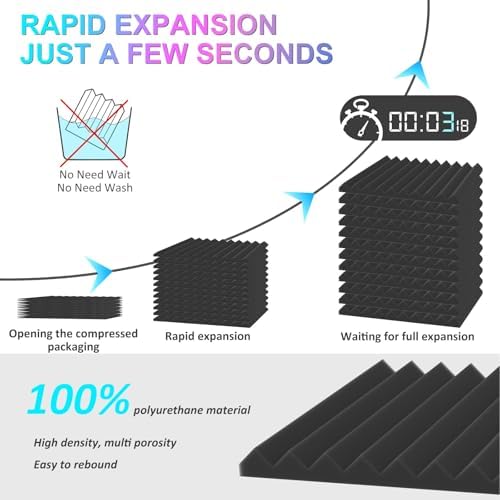 JBER Acoustic Foam Panels, 48 Pack 12x12x1 Inch Upgraded Self-Adhesive Soundproof Wall Panels Sound Absorbing Panel Treatment for Home Office Studio - Black