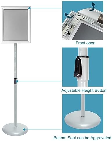 Adjustable Pedestal Poster Sign Stand with Heavy Duty Base Sign Holder Aluminum Snap Open Frame for 8.5 x 11 inches Both Vertical and Horizontal View Displayed Used for Living and Business(Silver）