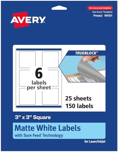 Avery® TrueBlock® Matte White Square Labels, Sure Feed® Technology, 3" x 3", 150 Matte White Labels, Print-to-The-Edge, Laser/Inkjet Printable, Great for Packaging and Product Merchandising
