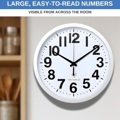 Wall Clock – 12" Atomic Analog Wall Clock with Large Numbers | Battery Operated, Radio Controlled with Automatic Daylight Saving Time | Silver Trim
