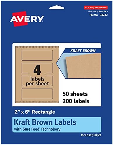 Avery® Kraft Brown Rectangle Labels, Sure Feed® Technology, 2" x 6", 200 Kraft Brown Labels, Print-to-The-Edge, Laser/Inkjet Printable