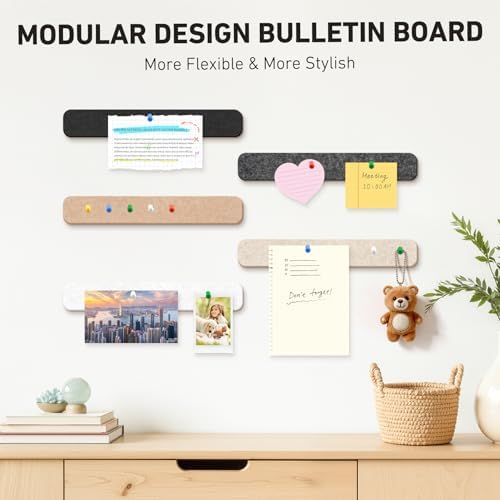 HAUTOCO Felt Bulletin Strips 10 Pack, 13" x 2" Self Adhesive Pin Board Set with 20 Push Pins, Peel and Stick Memo Board for Photos, Notes & Wall Decor, Bulk Wall Organizer for Dorm, Bedroom & Office