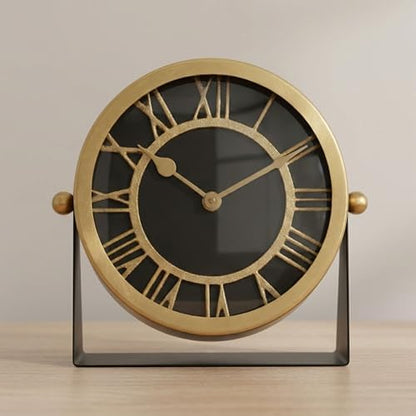 Metal Table Clock for Living Room Decor - Desk Clock for Office Desk, Study Room, Living Room, Mantel or Table Styling - Small Home Decor for Shelf or Tabletop Display - 7", Gold & Black