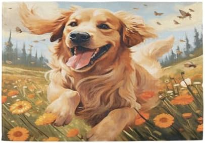 ALAZA Happy Golden Retriever in Flower Field 1 PC Placemats Rectangle Table Mat for Dining Table Restaurant Kitchen Home Decor, 12" x 18"