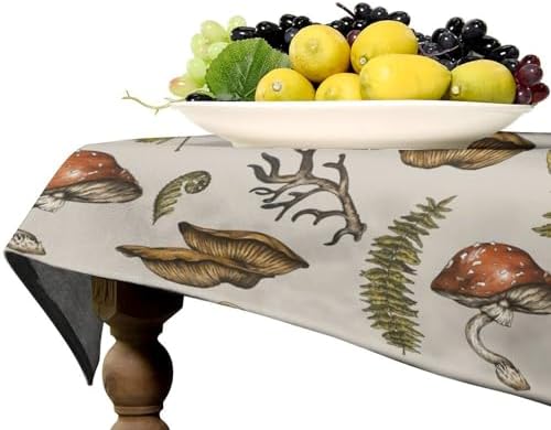 Vintage Woodland Mushroom Tablecloth, Nature Forest Plants Botanical Ferns Print Table Cloth for Farmhouse Kitchen Party Picnic Dinner Decor 55x75in