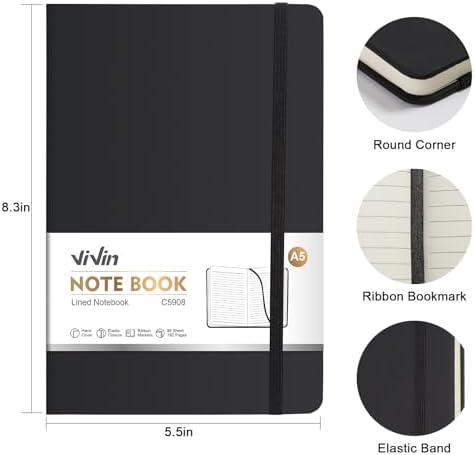 ViVin 3 Pack A5 Hardcover Lined Notebook,192 pg College Ruled 5.5x8.3