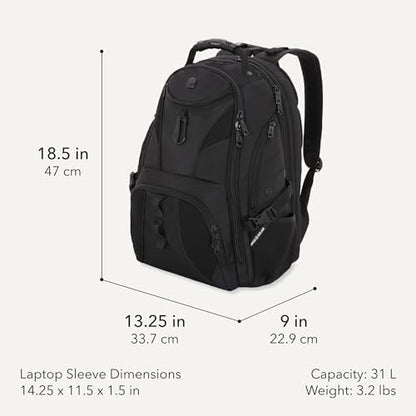 SWISSGEAR 1900 ScanSmart Laptop Backpack, Fits Most 17-Inch Laptops, TSA-Friendly Lay-Flat Design, RFID Protection, and Tablet Pocket, Black, 31L, 18.5-Inch
