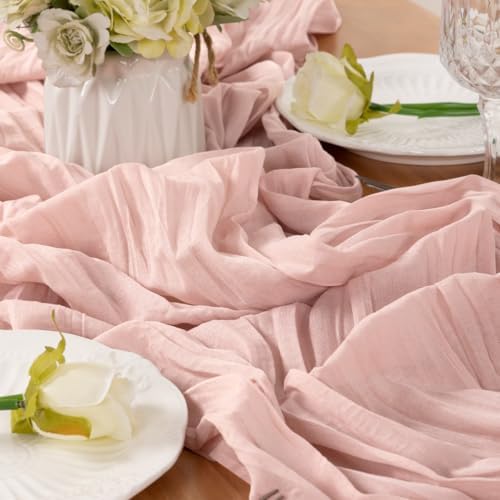 LINXTAR Dusty Pink Table Runner Cheesecloth Table Runner 4 Pack 10FT Rustic Spring Easter Table Runner 35 x 122 Inches Boho Decoration for Home Wedding Baby Shower Birthday Party