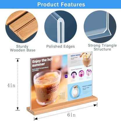 Kersally Acrylic Sign Holder 6 x 4, 4 Pack Double-Sided Clear Table Display Stands with Wood Base,Horizontal Acrylic Frame Menu Flyer Paper Holder for Store, Restaurant, Hotel, Office, Show Fair