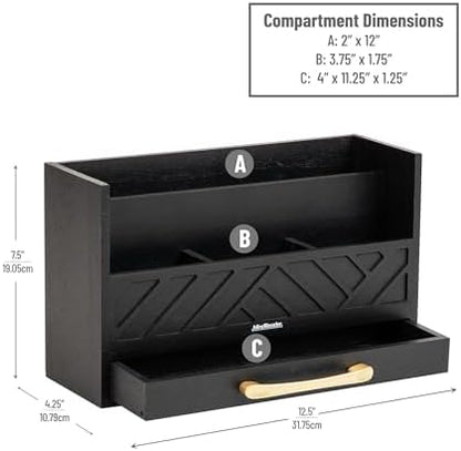 Mind Reader 5-Compartment Desktop Organizer, Rustic Wooden Storage Rack with Drawer for Papers, Accessories, and Office Supplies, 12.5" L x 4.25" W x 7.5" H, Black