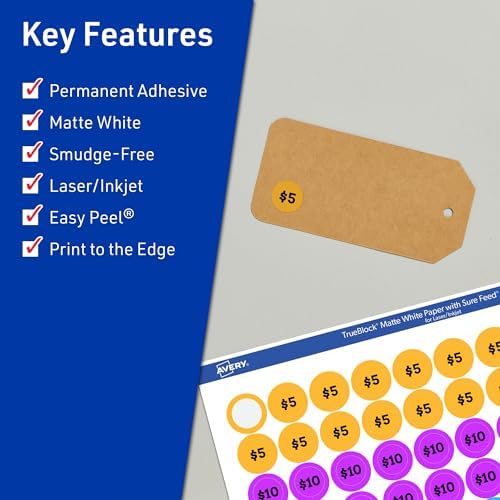 Avery® TrueBlock® Matte White Round Labels, Sure Feed® Technology, 0.5" Diameter, 1,540 Matte White Labels, Print-to-The-Edge, Laser/Inkjet Printable, Great for Product Merchandising Stickers
