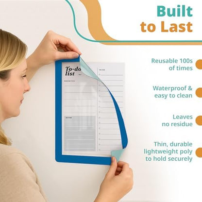 8.5 x 11 Adhesive Wall Frames - Peel & Stick Picture Frames, Wall Sign Holder, Paper Protector Sheets, Certificate Holders, Reusable Picture Frame, Dry Erase, Non Magnetic - Blue, Pack of 5