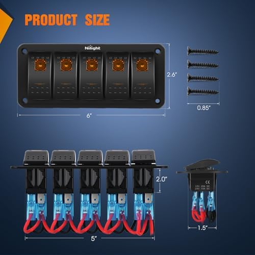 Nilight 6 Gang Rocker Switch Panel w/Orange LED Light 5Pin ON Off Pre-Wired