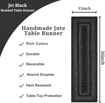 Homespice Jet Black Braided Table Runner for Primitive Decor, Rect 11x36