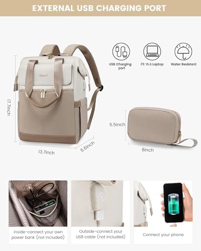 LOVEVOOK Laptop Backpack for Women, 15.6 Inch Work Laptop Bag with USB Port, Fashion Teacher Nurse Backpack Purse, Waterproof Travel Computer Backpack with Organizer Bag, 2PCS, Beige-Khaki