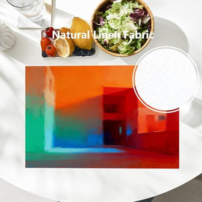 Batmerry Orange Abstract Color Linen Placemats Set of 6, Blue Modern Washable Table Mats for Kitchen Table Thickened Heat Insulation Dining Set Indoor Outdoor 12X18 in