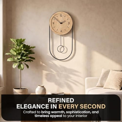 Clockswise 16-Inch Decorative Wall Clock Step Movement Mechanism Metal Frame Wooden Dial and Pendulum Design Battery-Operated Timepiece for Living Room Hallway or Office Décor, Natural Brown