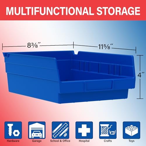 Akro-Mils 30150 Heavy Duty Plastic Shelf Bins, 12"x 8"x 4", Red, 12-Pack