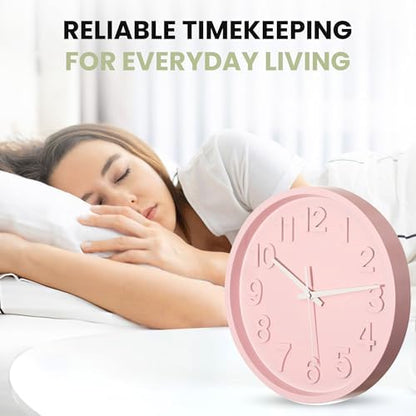 Clockswise 12-Inch Modern Minimalist Round Plastic Wall Clock Pink Dial with Bold Arabic Numerals Analog Display Step Movement Easy-to-Read Timepiece for Living Room Kitchen Office Bedroom Wall Decor