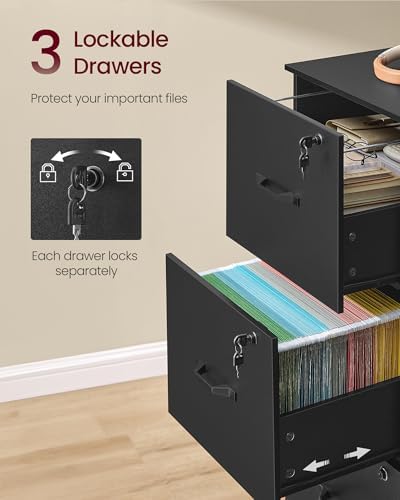 VASAGLE 3 Drawer File Cabinet with Locks, for A4, Letter Sized Documents